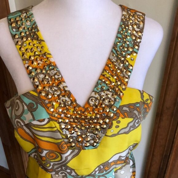 KATE SPADE Jana Silk Yellow Halter Rhinestone Metal Accent Top 8 - Picture 10 of 17